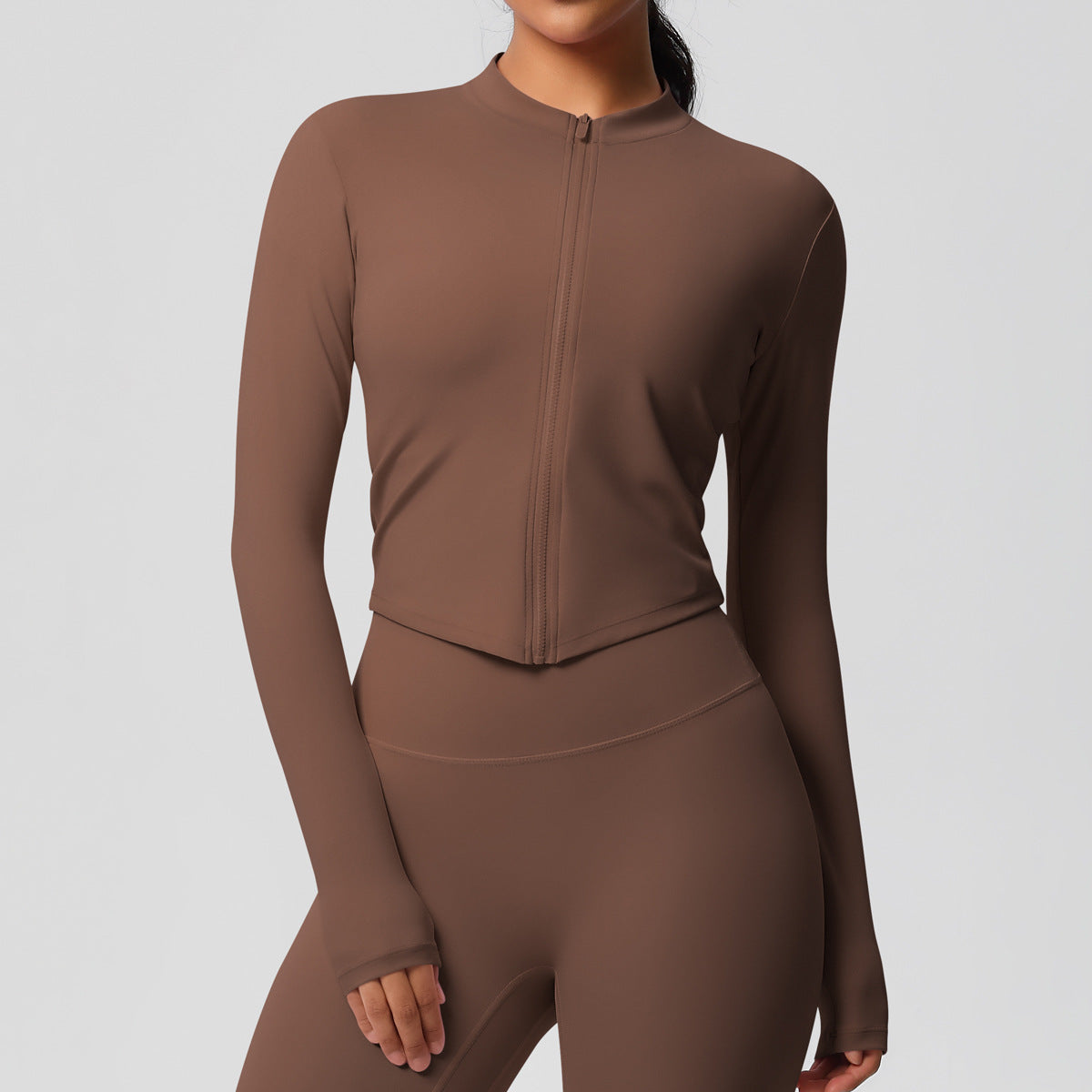 Completo Sportivo Donna – Top Schiena Lavorata e Pantaloni – Giacca con zip 7106 – castagna