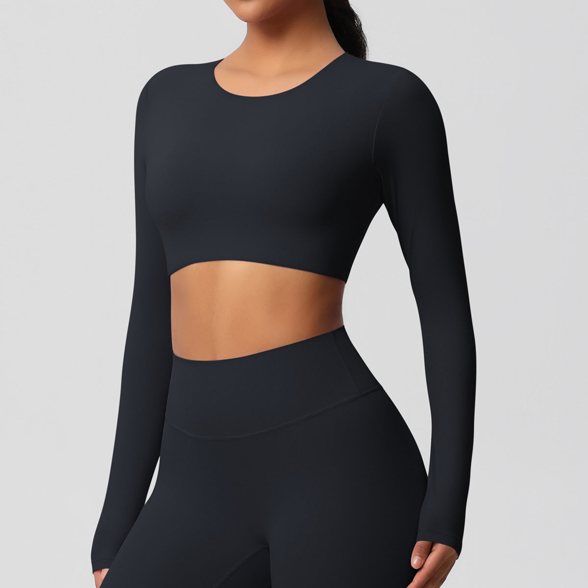 Completo Sportivo Donna – Top Schiena Lavorata e Pantaloni – Maglia manica lunga 7104 – nero