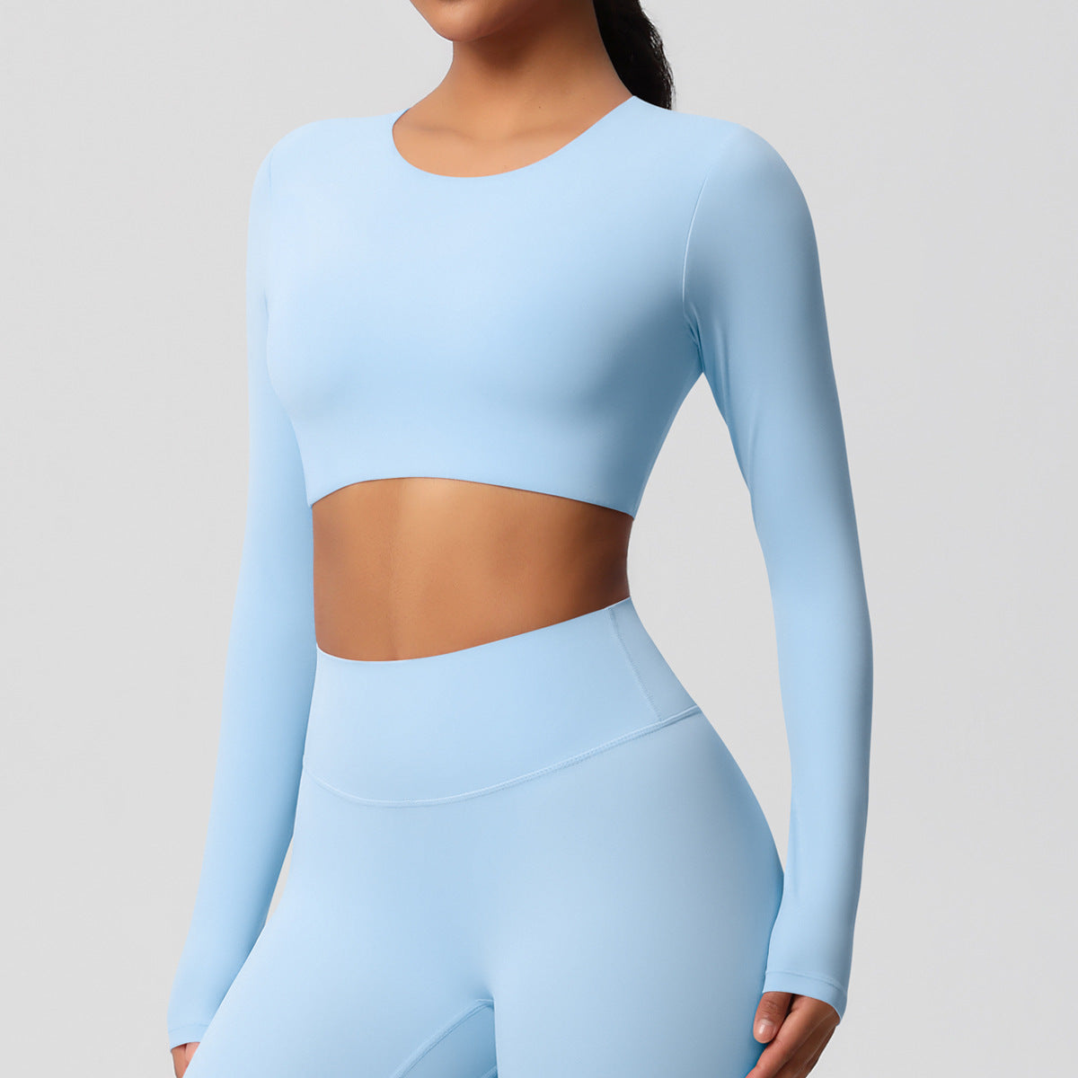 Completo Sportivo Donna – Top Schiena Lavorata e Pantaloni – Maglia manica lunga 7104 – azzurro cielo