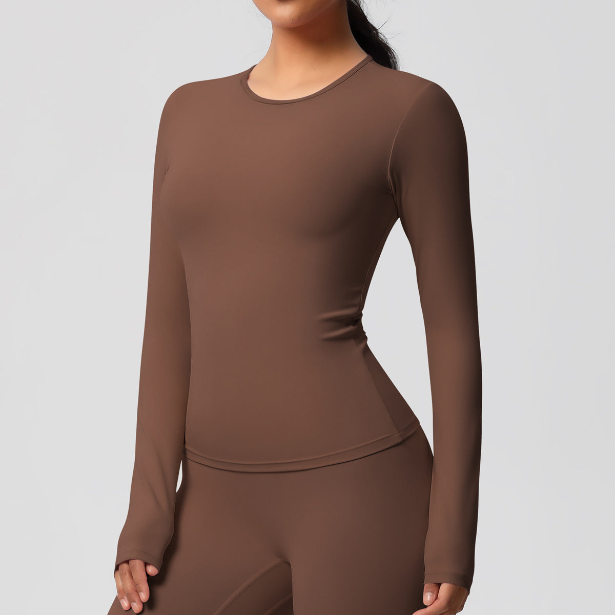Completo Sportivo Donna – Top Schiena Lavorata e Pantaloni – Maglia manica lunga 7102 – castagna