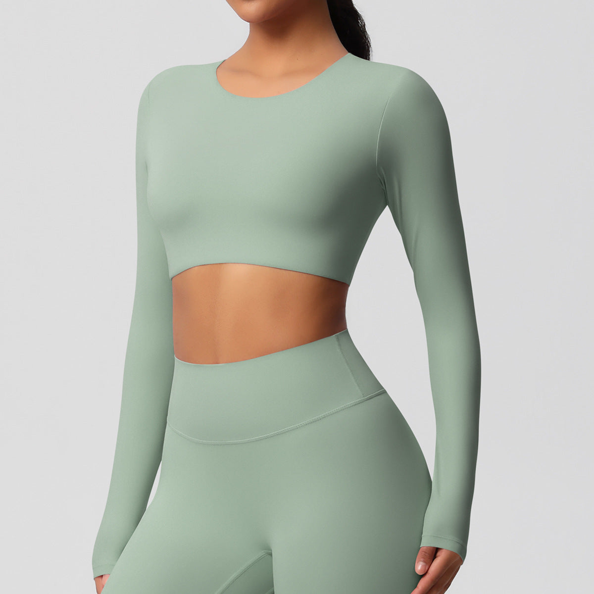 Completo Sportivo Donna – Top Schiena Lavorata e Pantaloni – Maglia manica lunga 7104 – verde basilico