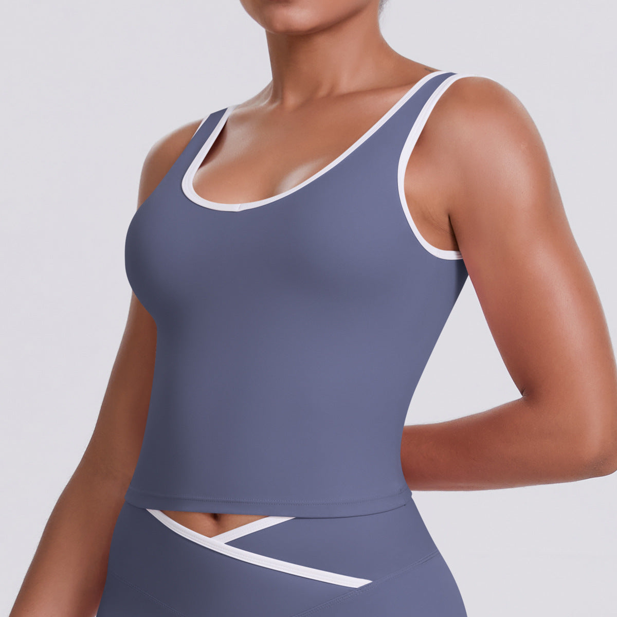 Completo Sportivo Donna – Top Incrociato e Pantaloni a Gamba Larga – Canotta 7119 – grigio blu