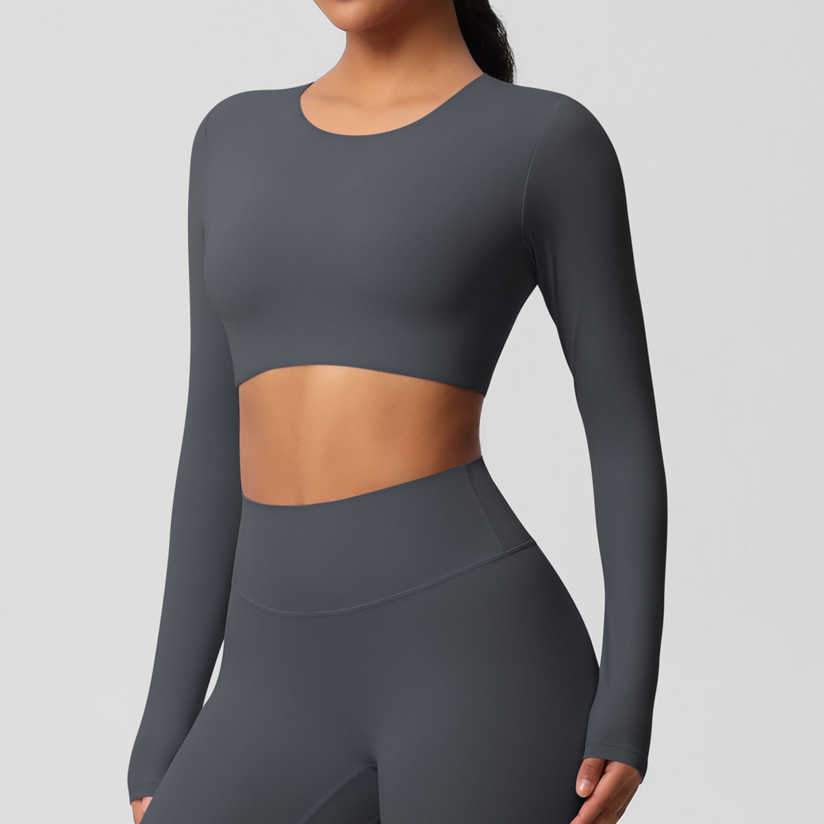 Completo Sportivo Donna – Top Schiena Lavorata e Pantaloni – Maglia manica lunga 7104 – grigio grafite