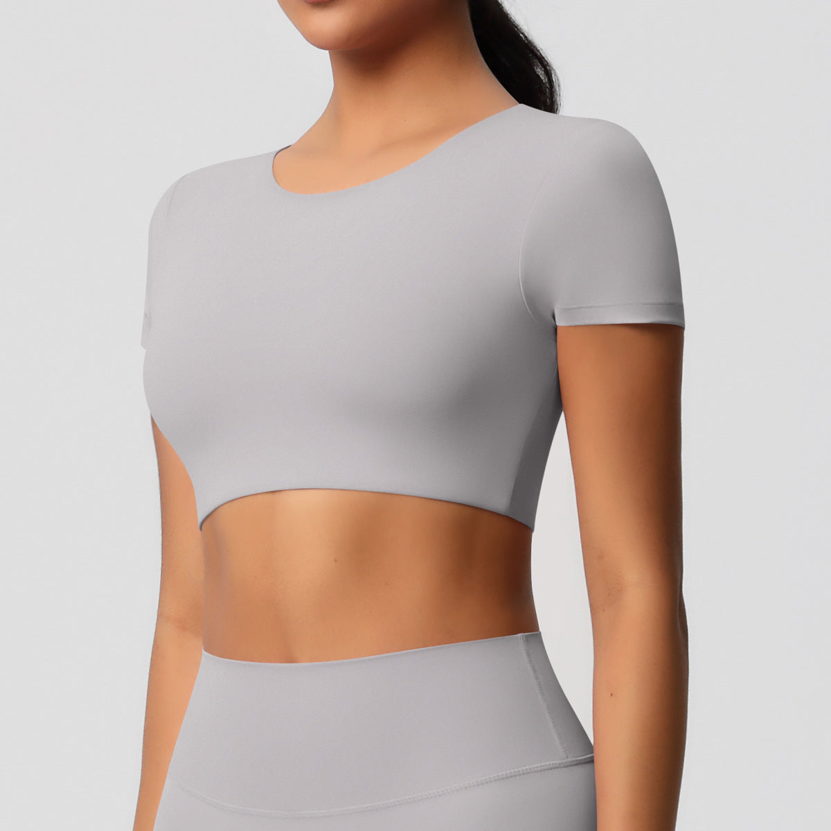 Completo Sportivo Donna – Top Schiena Lavorata e Pantaloni – Maglia manica corta 7105 – grigio ghiaccio
