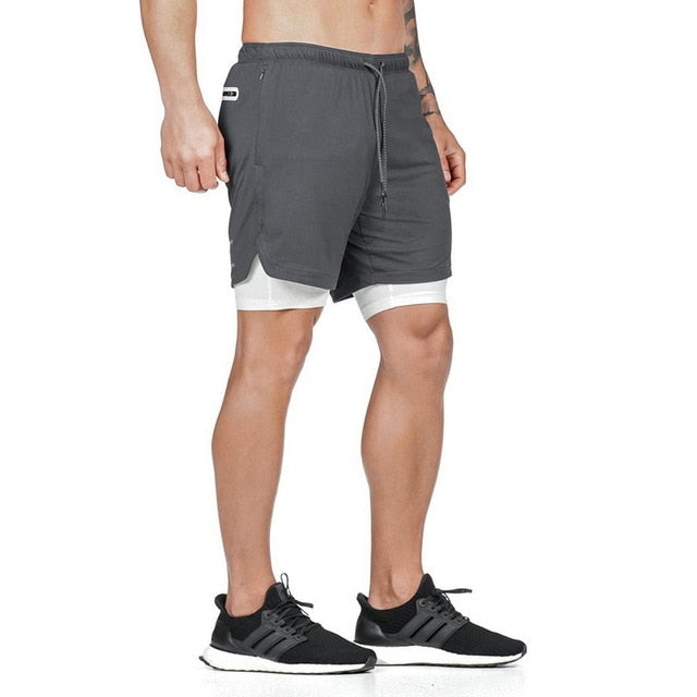 Pantaloncini Sportivi Uomo 2 in 1 con Tasche Zip – Grigio