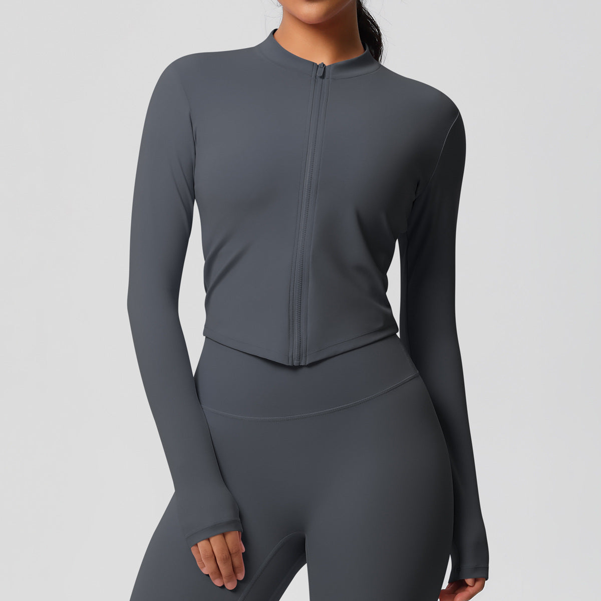 Completo Sportivo Donna – Top Schiena Lavorata e Pantaloni – Giacca con zip 7106 – grigio grafite