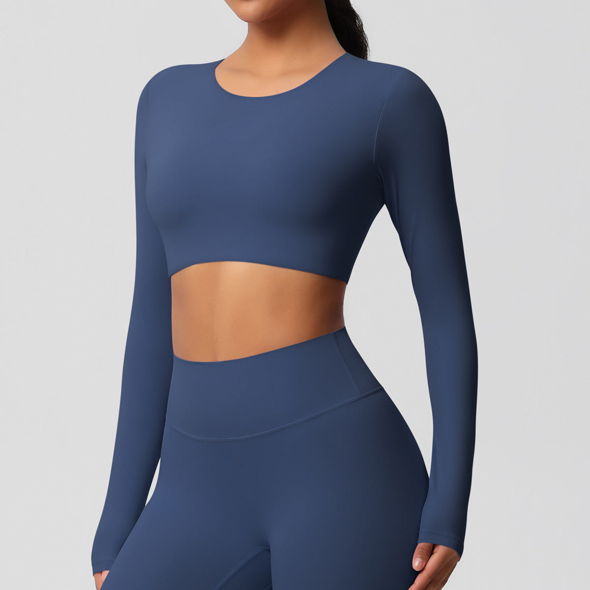 Completo Sportivo Donna – Top Schiena Lavorata e Pantaloni – Maglia manica lunga 7104 – blu