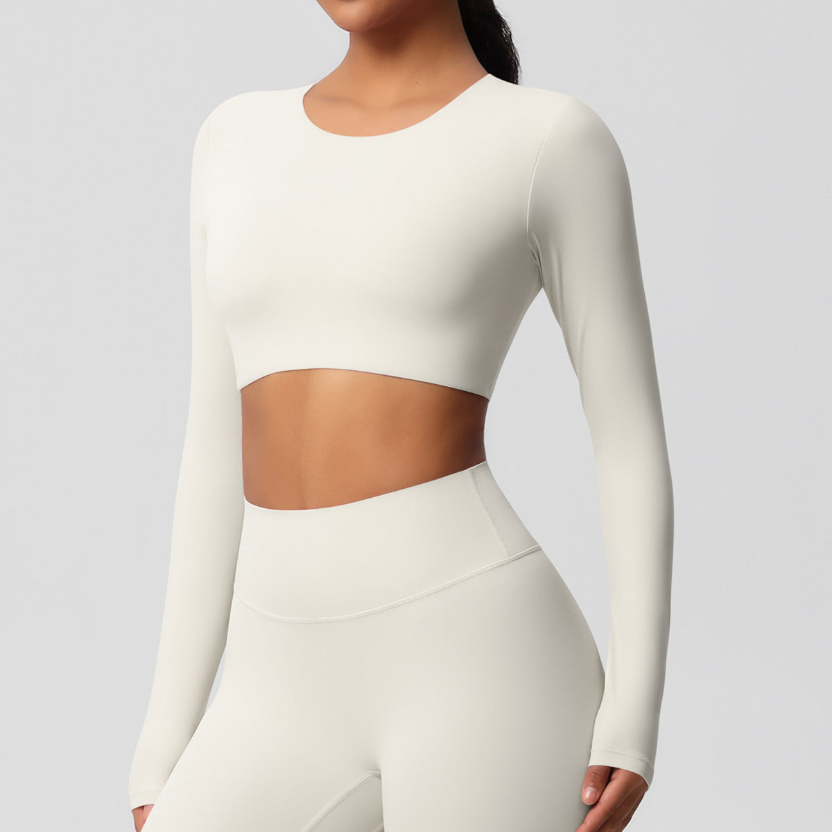 Completo Sportivo Donna – Top Schiena Lavorata e Pantaloni – Maglia manica lunga 7104 – avorio