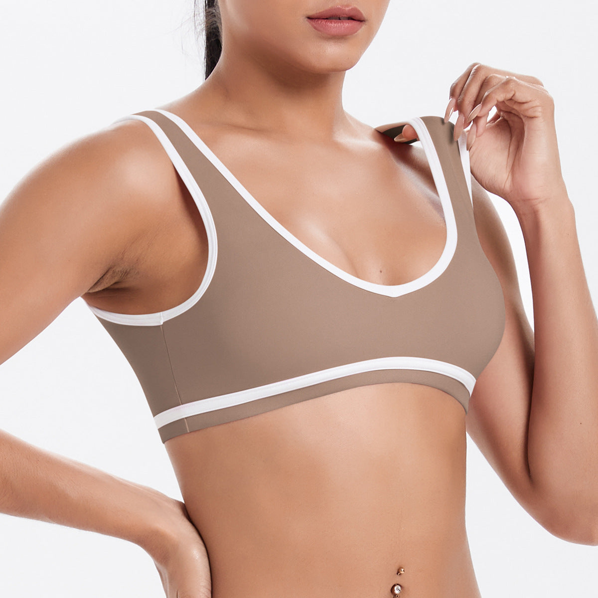 Completo Sportivo Donna – Top Incrociato e Pantaloni a Gamba Larga – Reggiseno sportivo 7120 – marrone cacao
