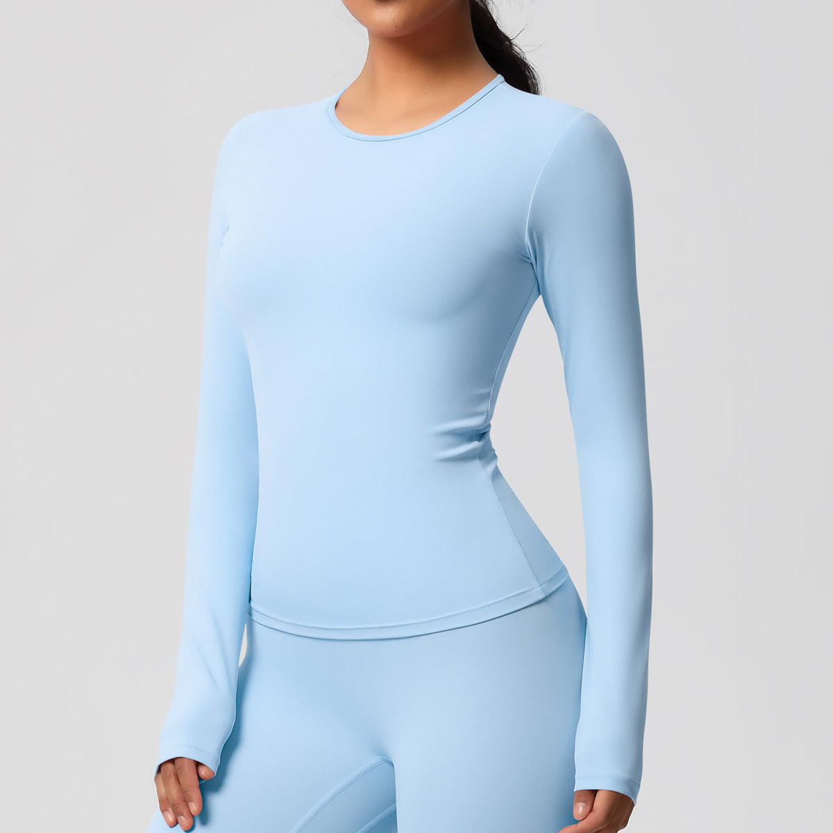 Completo Sportivo Donna – Top Schiena Lavorata e Pantaloni – Maglia manica lunga 7102 – azzurro cielo