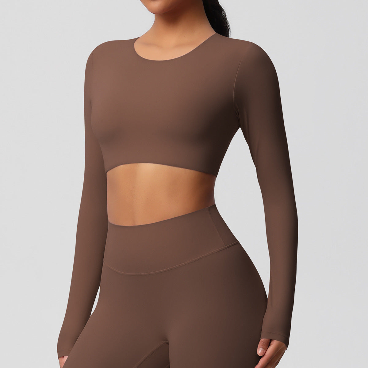 Completo Sportivo Donna – Top Schiena Lavorata e Pantaloni – Maglia manica lunga 7104 – castagna