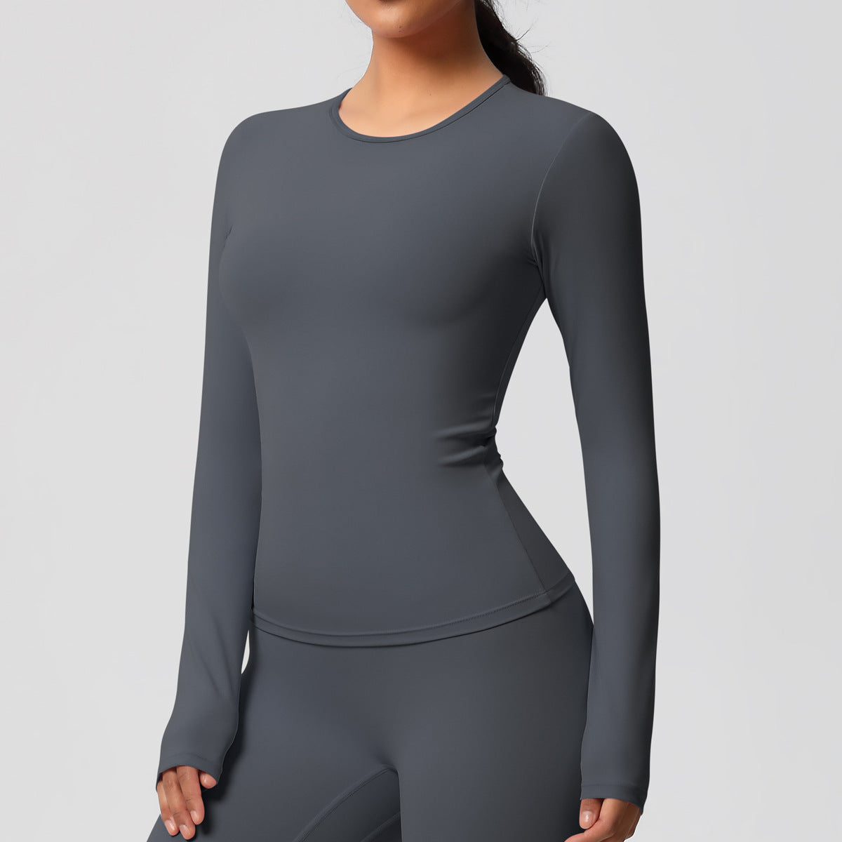 Completo Sportivo Donna – Top Schiena Lavorata e Pantaloni – Maglia manica lunga 7102 – grigio grafite