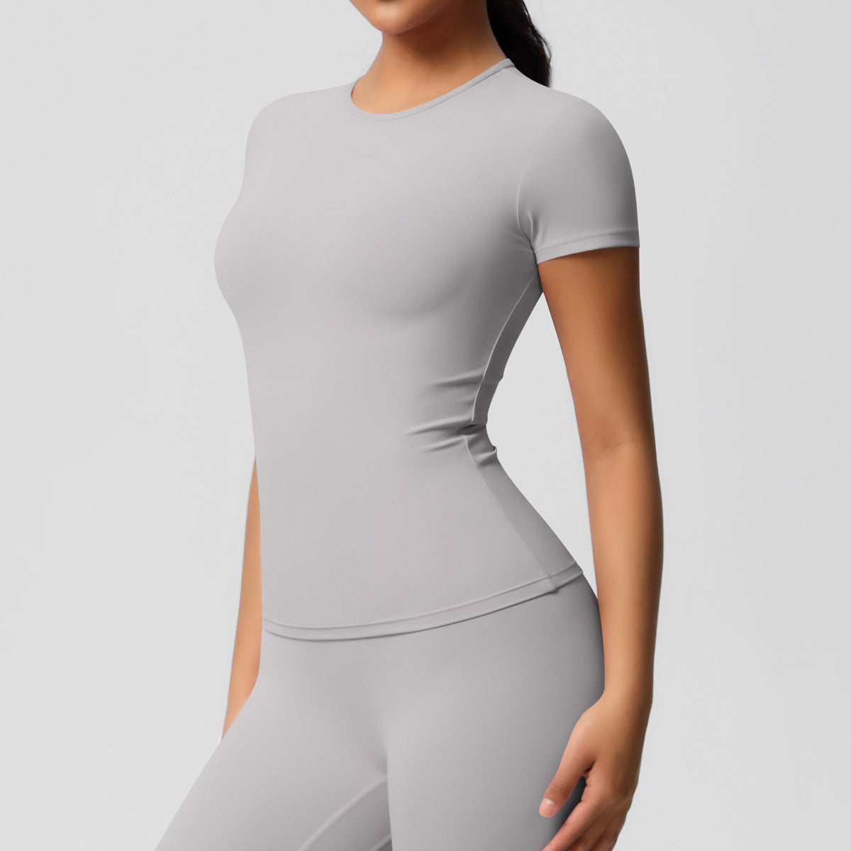 Completo Sportivo Donna – Top Schiena Lavorata e Pantaloni – Maglia manica corta 7103 – grigio ghiaccio