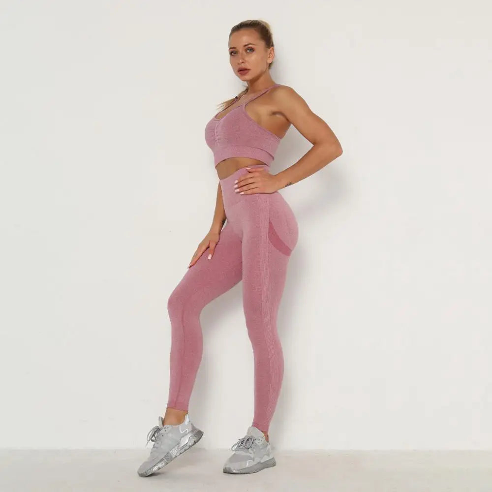 Set Fitness Donna Seamless – Top e Leggings – Rosso vino (con top a fascia)