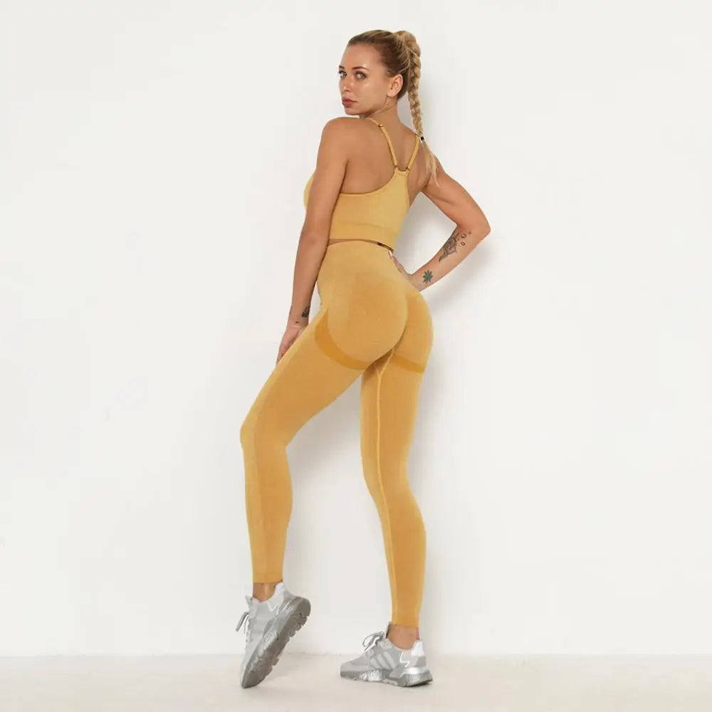 Set Fitness Donna Seamless – Top e Leggings – Giallo (con top a fascia)