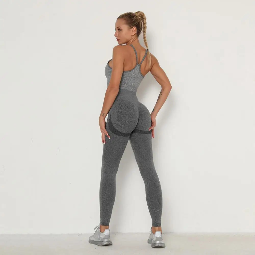 Set Fitness Donna Seamless – Top e Leggings – Grigio scuro (con top a fascia)